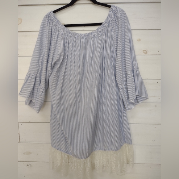 California Moonrise white and blue striped Dress with lace hem - Picture 1 of 6